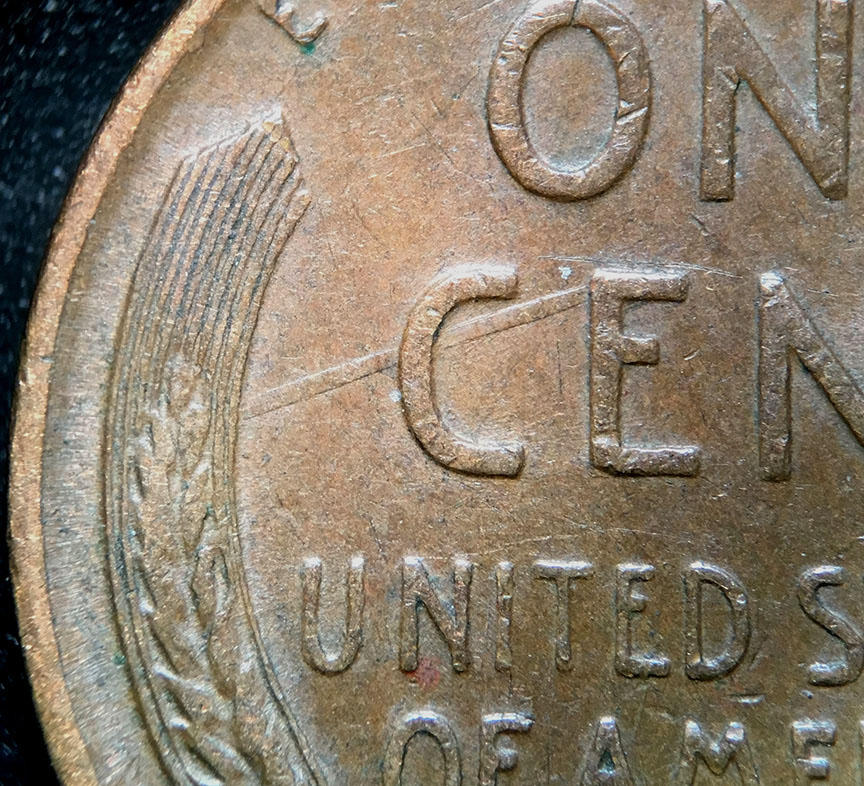 1951-Lincoln-Wheat-Cent-Large-Reverse-Die-Gouge---Feeder-Finger?