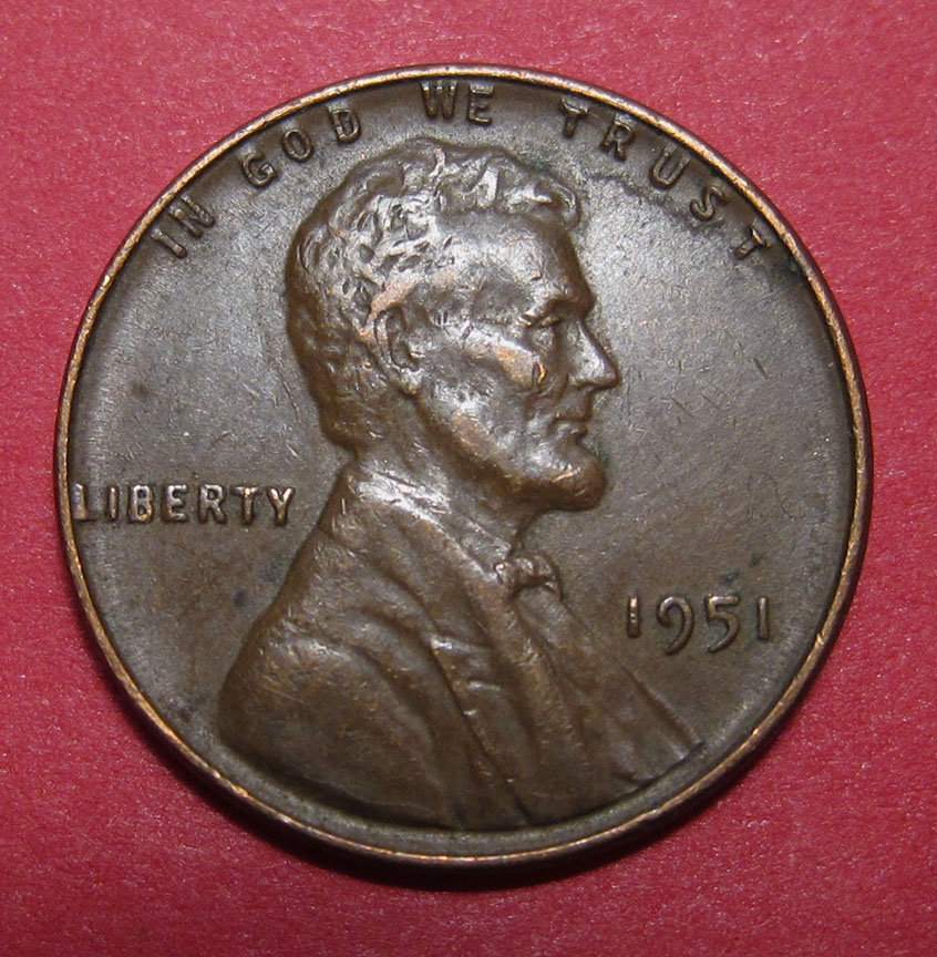 1951-Lincoln-Wheat-Cent-Large-Reverse-Die-Gouge---Feeder-Finger?
