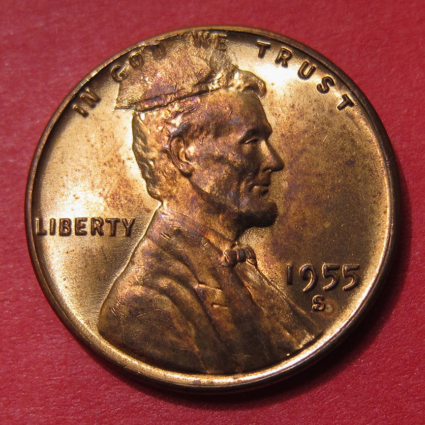 1955-S-Lincoln-Wheat-Cent---Cud,-Interior-Die-Break-And-RIDB---MS