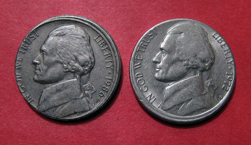 1972-D-And-1986-P-Jefferson-Nickels---Mis-Aligned-Dies