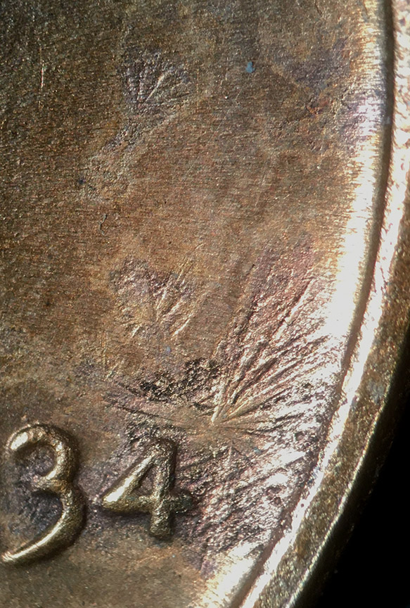 1934-Lincoln-Wheat-Cent-Damage---Cleaned-Star-Patterns