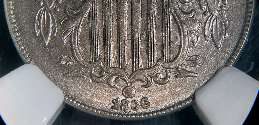 1866-Rays-5-Cent---Die-Clash-Plus-Repunched-Date,-FS-306/401