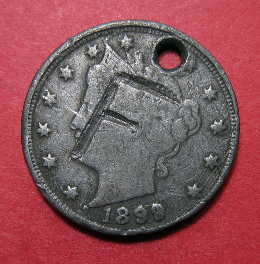 1899-Liberty-Nickel---Lead-Counterfeit-W/Drill,-Counterstamp-And-Big-DDR