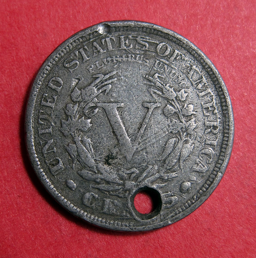 1899-Liberty-Nickel---Lead-Counterfeit-W/Drill,-Counterstamp-And-Big-DDR