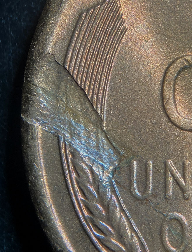1945-S-Lincoln-Wheat-Cent-Mint-Error---Minor-Delamination-On-MS-Coin