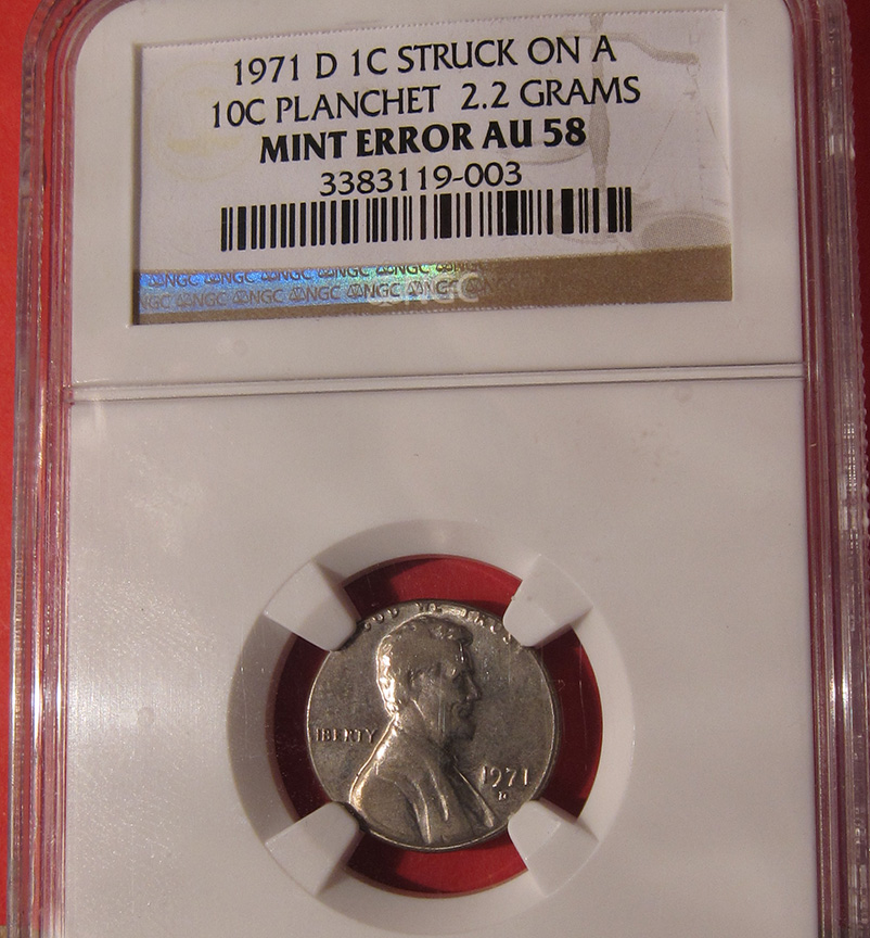 1971-D-Lincoln-Memorial-Cent-Mint-Error---Struck-On-Dime-Planchet