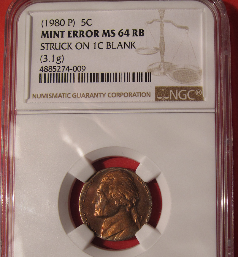 1980-Jefferson-Nickel-Mint-Error---Struck-On-1c-Blank