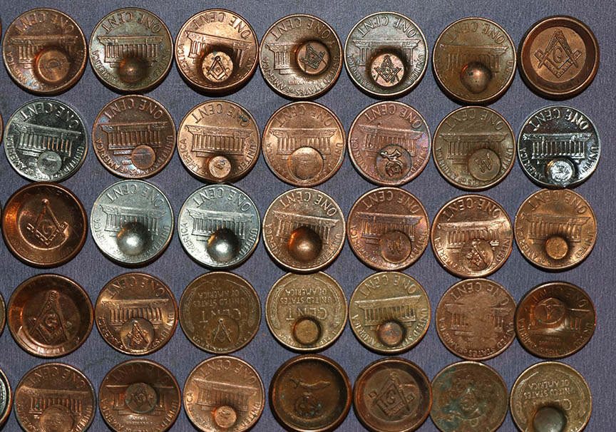 Masonic-Tokens,-Coins-And-Counter-Stamped-Pennies
