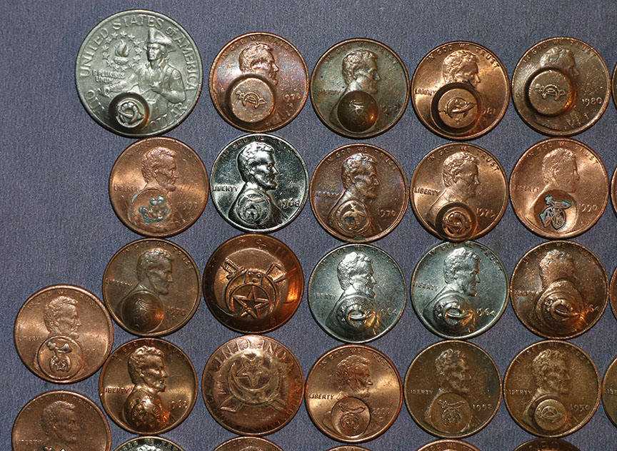 Masonic-Tokens,-Coins-And-Counter-Stamped-Pennies