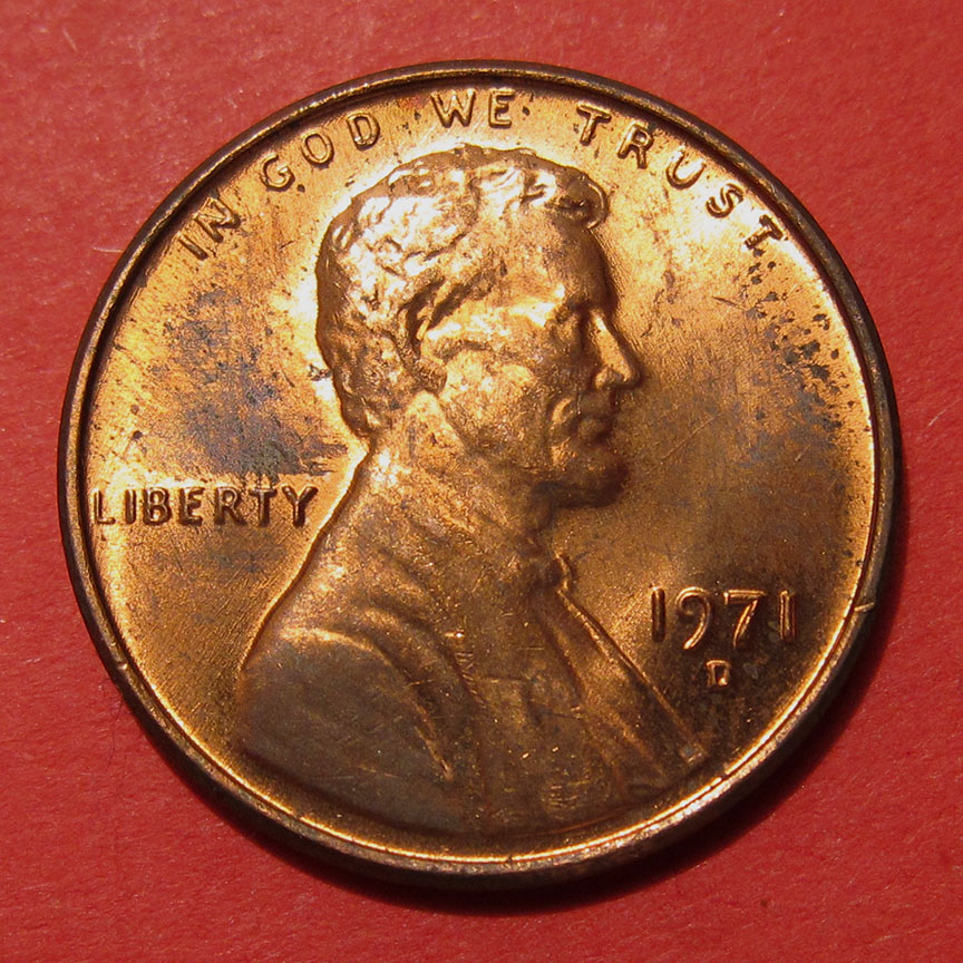 1971-D-Lincoln-Memorial-Cent-Mint-Error---Struck-Through-Lamination-Flake
