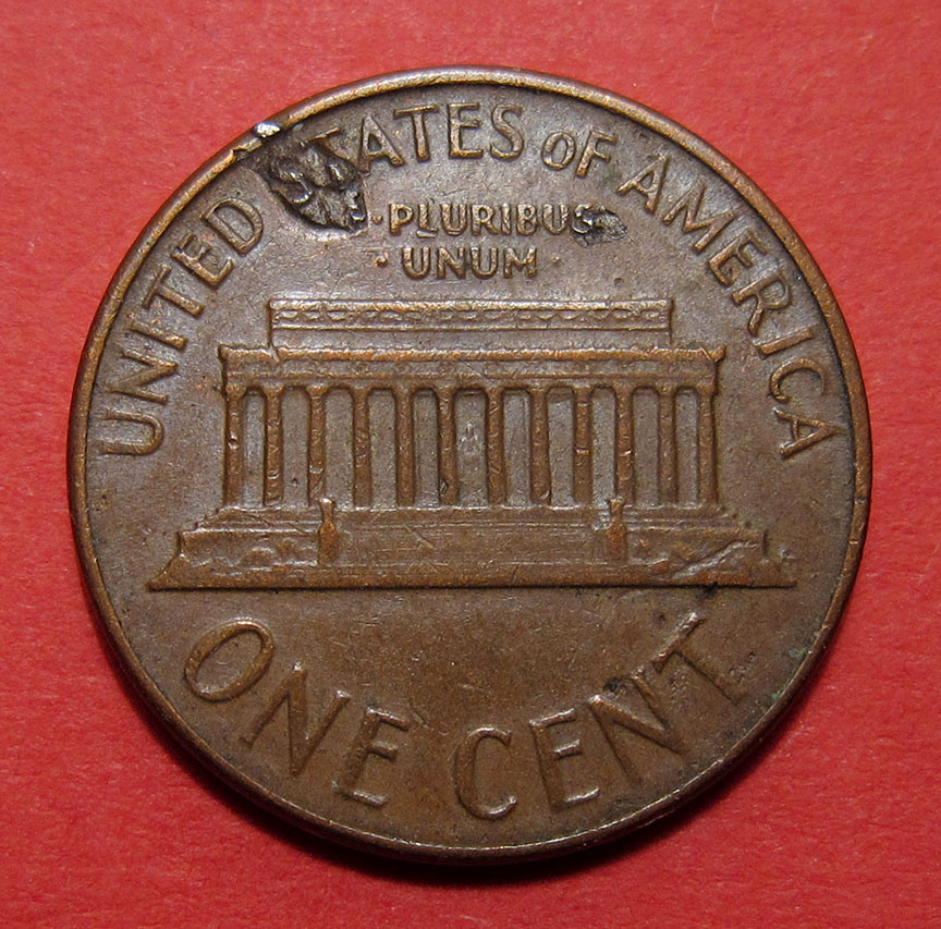 1964-D-Lincoln-Memorial-Cent-Mint-Error---Struck-Through-Metal-Debris