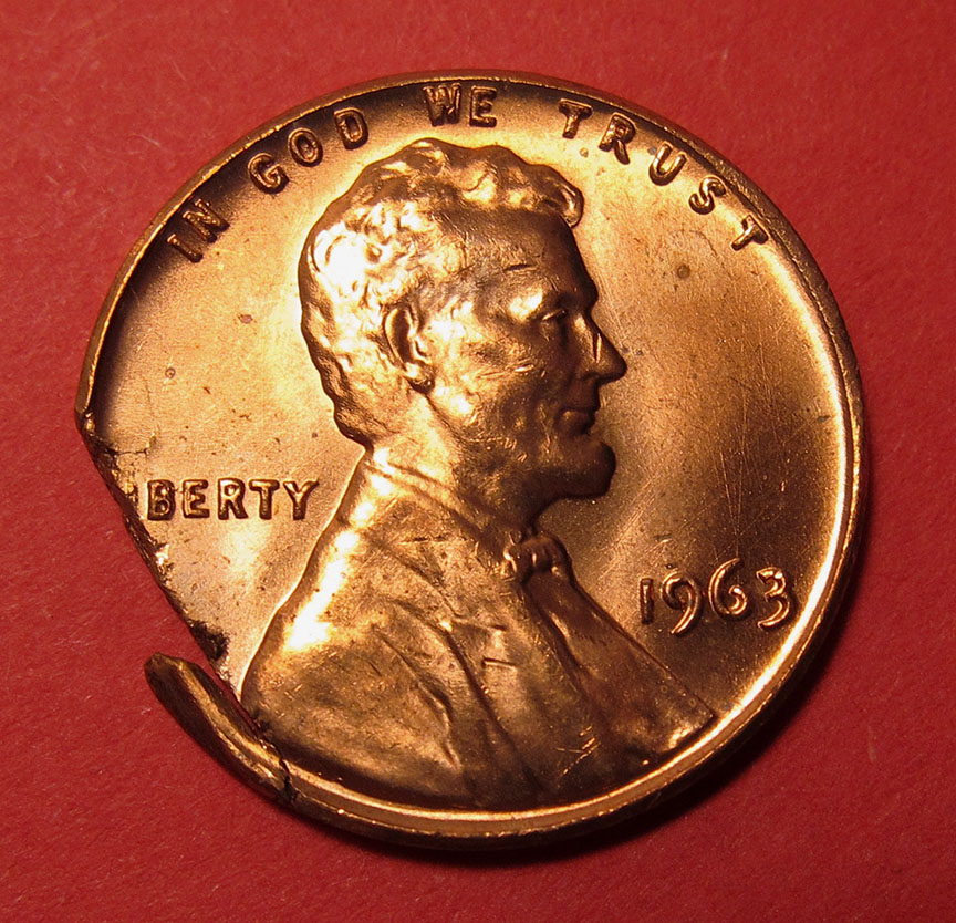 1963-Lincoln-Memorial-Cent-Straight-Ragged-Clip-With-Extra-Metal