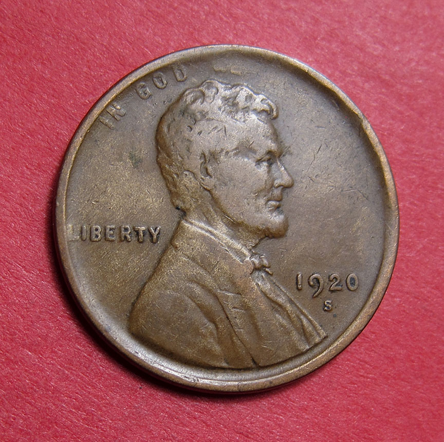 1920-S-Lincoln-Wheat-Cent-Mint-Error---Tapered-Planchet-+-Lamination---2.80g