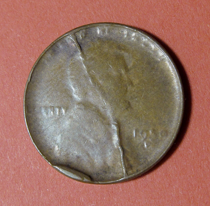 1950-D-Lincoln-Wheat-Cent-Mint-Error---Struck-By-Split,-Capped-Die-With-Cud