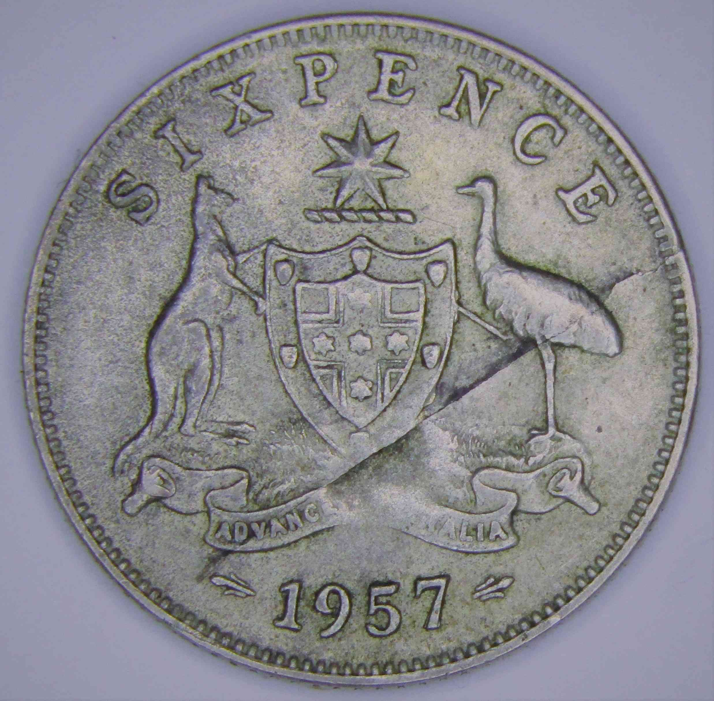 1957-Australian-Sixpence---Lamination-Crack