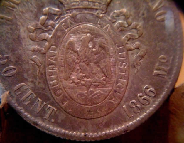 Low-Mintage-1866-50-Centavos-Maximilliano-Mexico