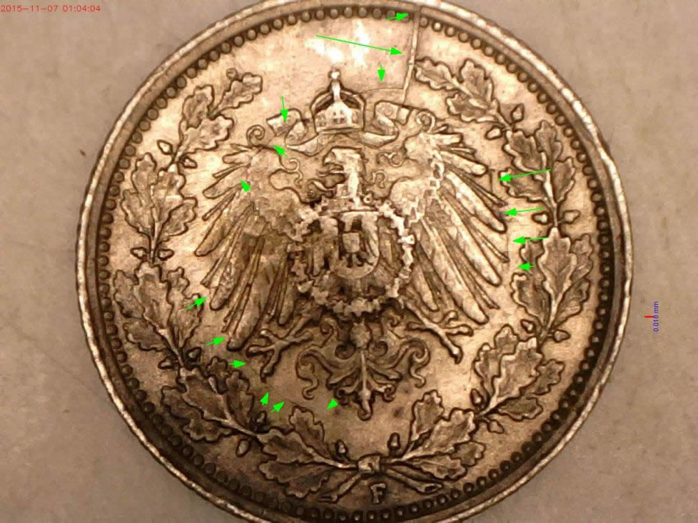 1918-F-German-Empire-Silver-1/2-Mark-With-3-Die-Cracks.
