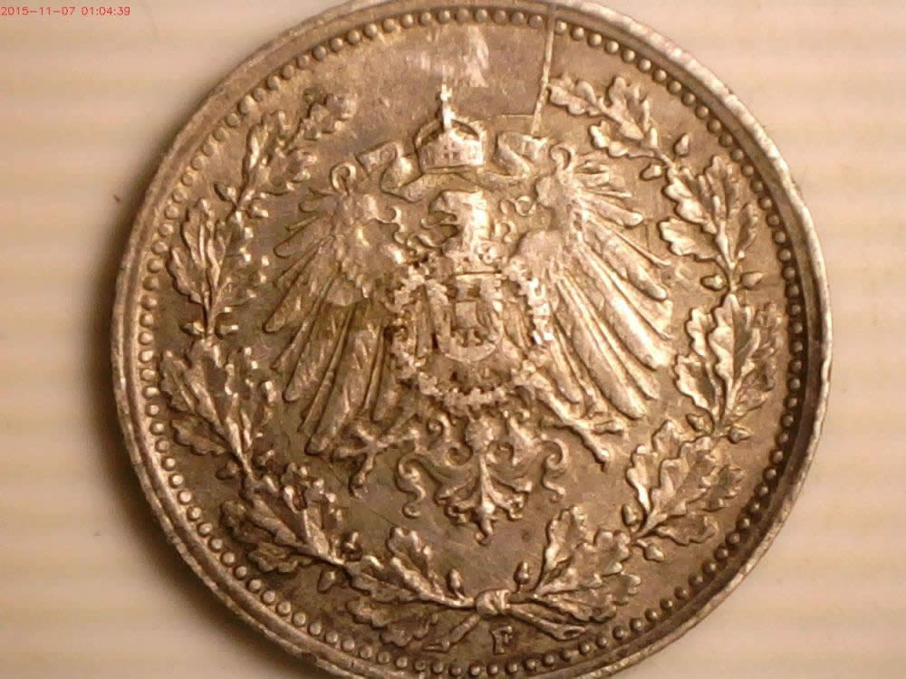 1918-F-German-Empire-Silver-1/2-Mark-With-3-Die-Cracks.