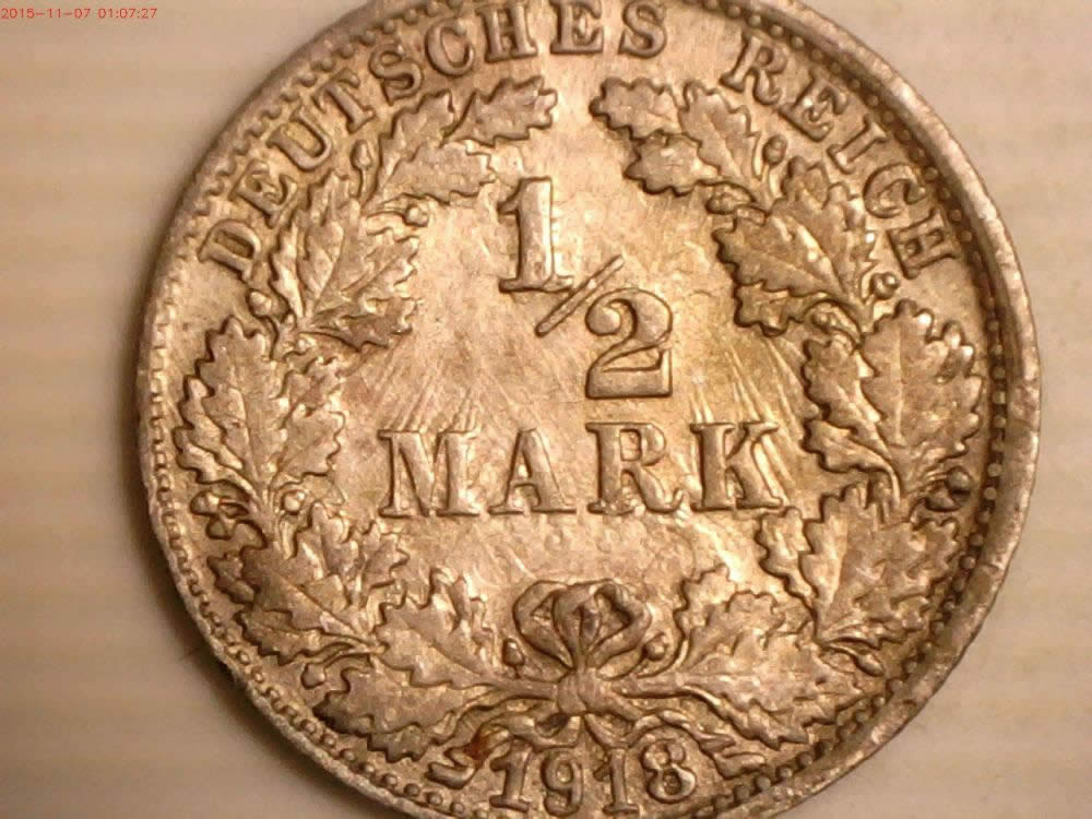 1918-F-German-Empire-Silver-1/2-Mark-With-3-Die-Cracks.