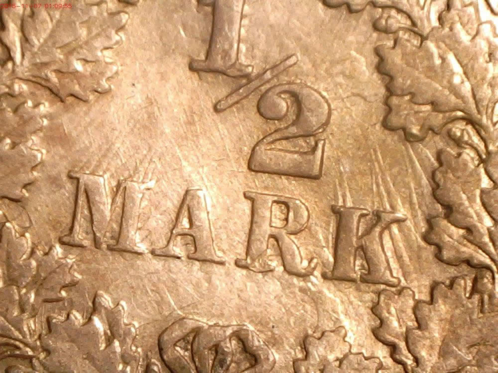 1918-F-German-Empire-Silver-1/2-Mark-With-3-Die-Cracks.
