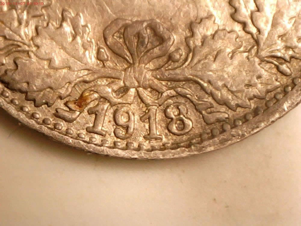 1918-F-German-Empire-Silver-1/2-Mark-With-3-Die-Cracks.