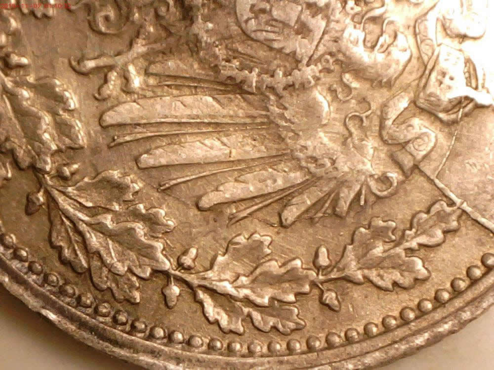1918-F-German-Empire-Silver-1/2-Mark-With-3-Die-Cracks.