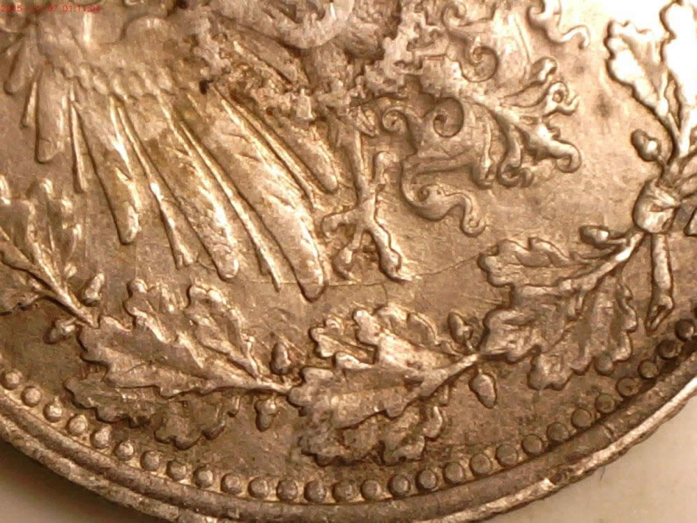 1918-F-German-Empire-Silver-1/2-Mark-With-3-Die-Cracks.