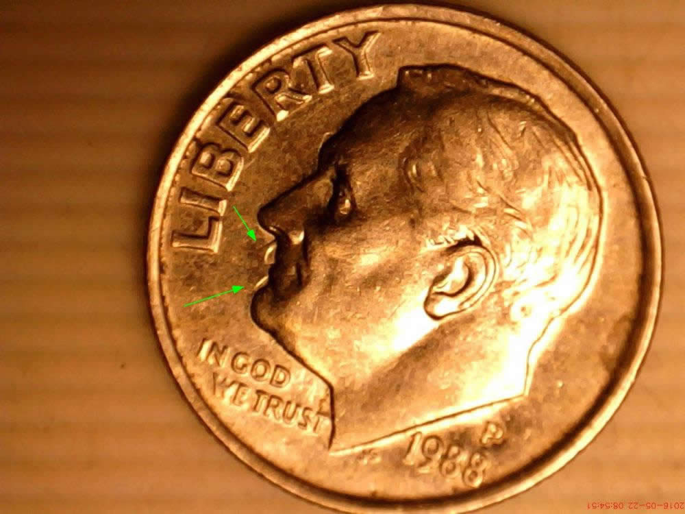 1988-P-Dime-With-Reverse-And-Obverse-Clash
