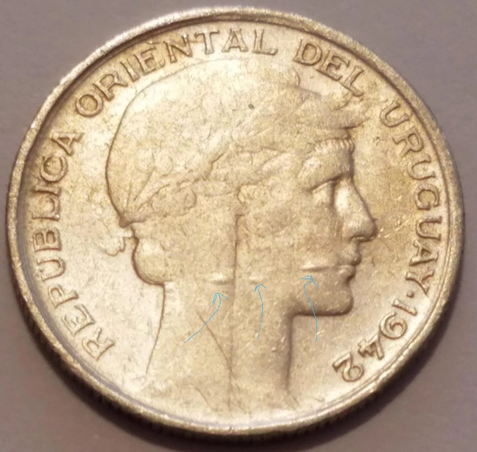 1942-10-Centesimos-From-Uruguay-,-Air-Bubbles-?