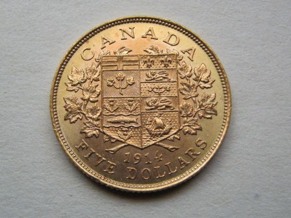 1914-Canada-5-Dollar-Gold,-Please-Grade.