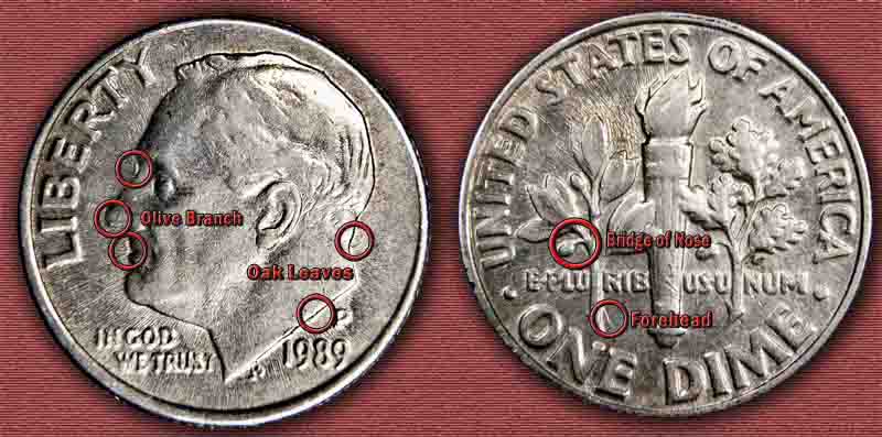1989-P-Roosevelt-Dime-Clashed-And-Polished-Late-Die-Stage