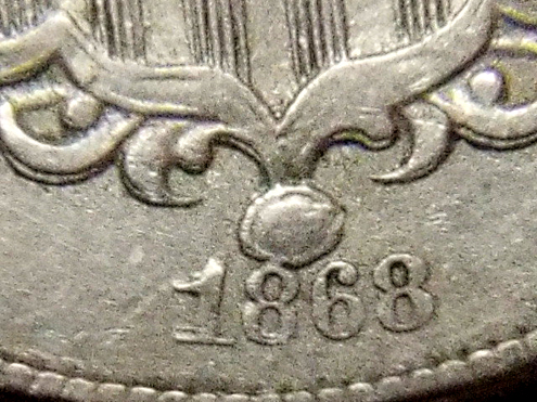 Unlisted-1868-Nickel-Repun.-Date,-Lower-Shield,-Feathers,-Arrows-Doubled