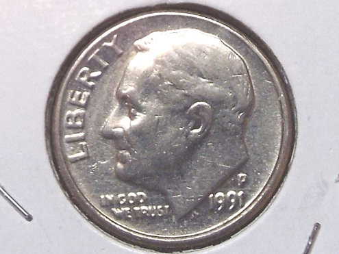 1991-P-Dime,-Extra-Small-Branch-Protruding-From-