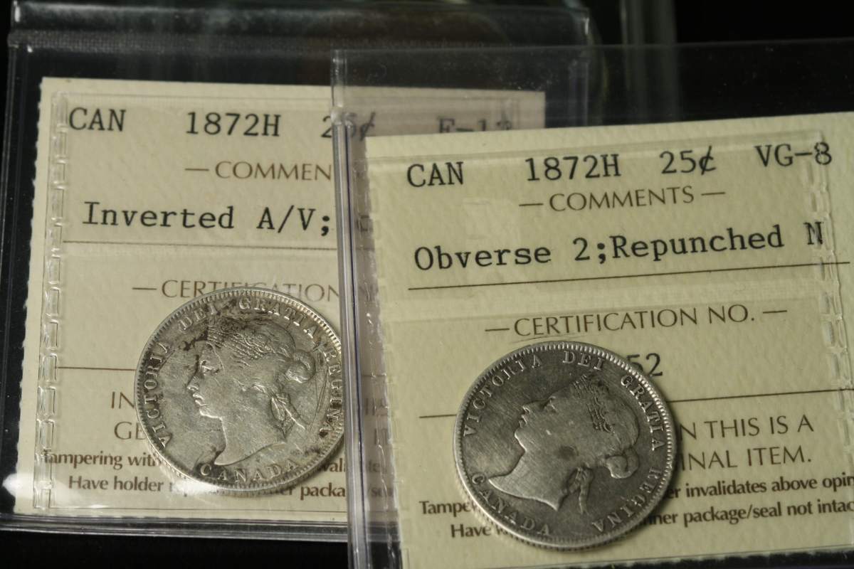 Canada-25-Cents-1872-Repunched-N-Canada-With-And-Without-A/V