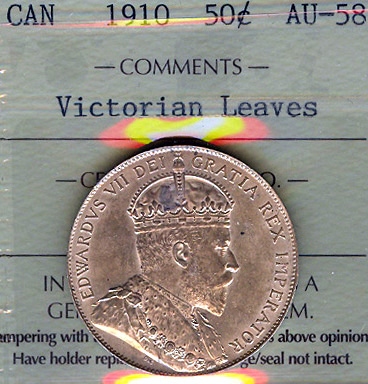 Canada,-I.c.c.s.,-1910,-Half-Dollar,-AU-58-Victorian-Leaves.