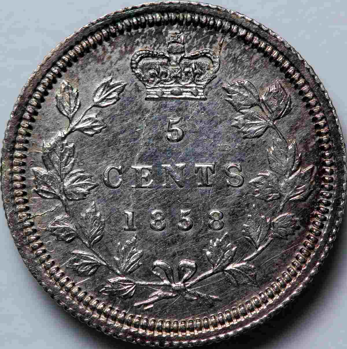 1858-5-Cents-With-Major-Clashing,-And-Cracked-Die