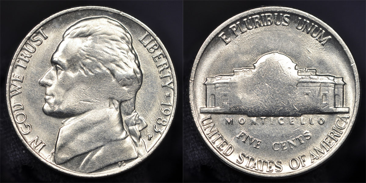 1983-P-Jefferson-Nickel-With-Grease-Filled-Dies?