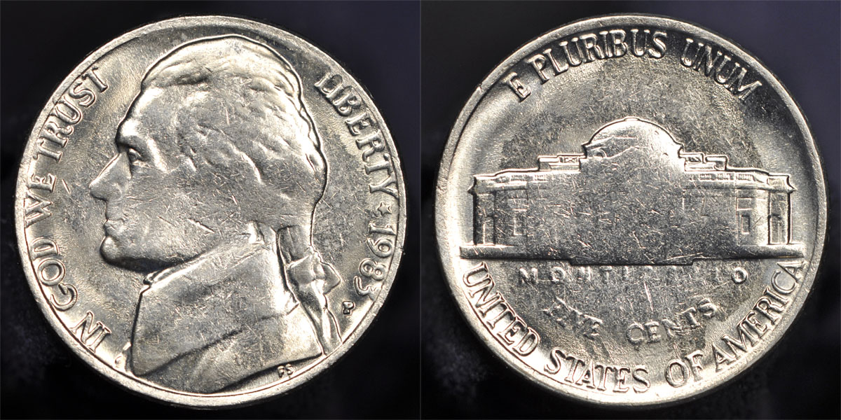 1983-P-Jefferson-Nickel-With-Grease-Filled-Dies?