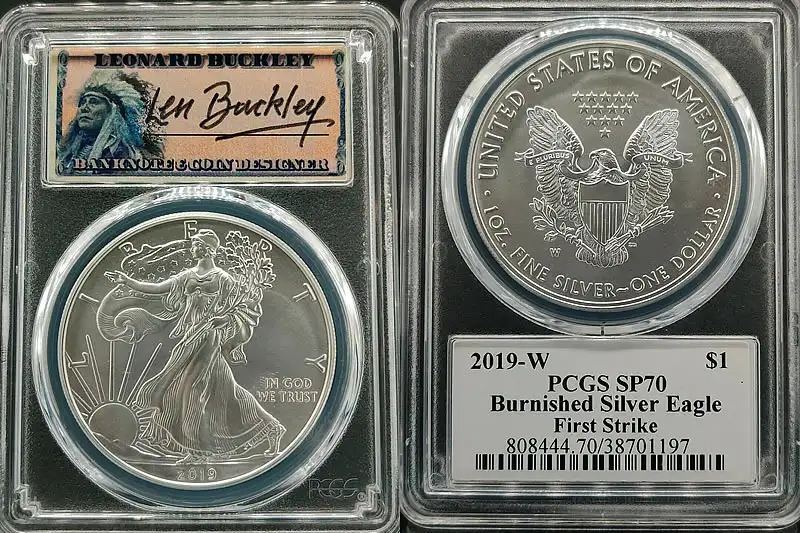 Leonard Buckley Item 2019 W Burnished Silver Eagle PCGS SP70 First Strike Leonard Buckley Item 2019 W Burnished Silver Eagle PCGS SP70 First Strike