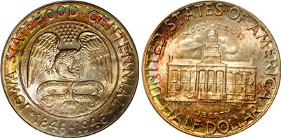 Stunning Rainbow toned Iowa Centennial Half Dollar Commemorative Obverse and Reverse