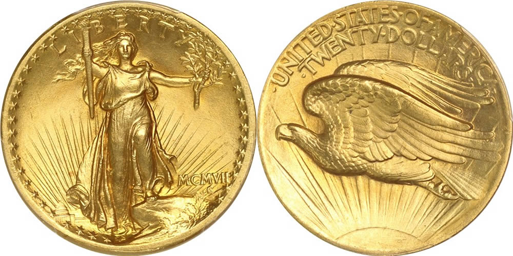 1907 Saint Gaudens Double Eagle PCGS MS66 PQ CAC High Relief Flat Edge 1907 Saint Gaudens Double Eagle PCGS MS66 PQ CAC High Relief Flat Edge