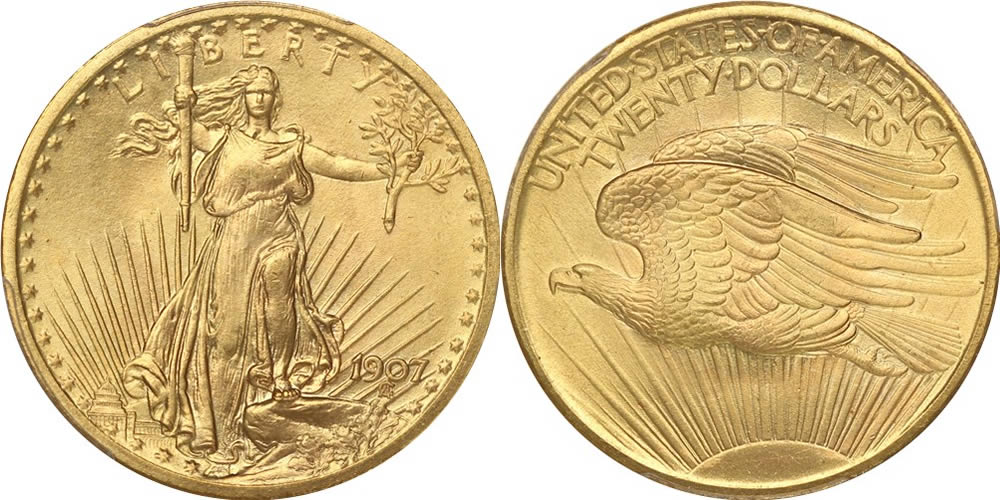 1907 Saint Gaudens Double Eagle PCGS MS67 Low Relief 1907 Saint Gaudens Double Eagle PCGS MS67 Low Relief