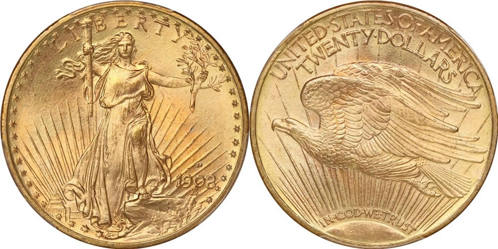 1908 D Saint Gaudens Double Eagle 1908-D Saint Gaudens Double Eagle PCGS MS66+ With Motto 1908 D Saint Gaudens Double Eagle 1908-D Saint Gaudens Double Eagle PCGS MS66+ With Motto