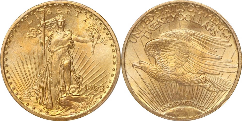 1908 Saint Gaudens Double Eagle 1908 Saint Gaudens Double Eagle PCGS MS66+ With Motto 1908 Saint Gaudens Double Eagle 1908 Saint Gaudens Double Eagle PCGS MS66+ With Motto