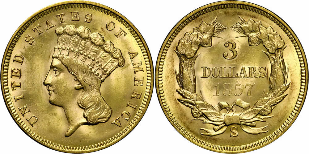 1857 S Three Dollar Gold Piece 