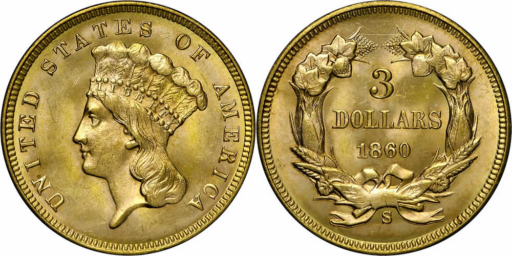 1860 S Three Dollar Gold Piece 