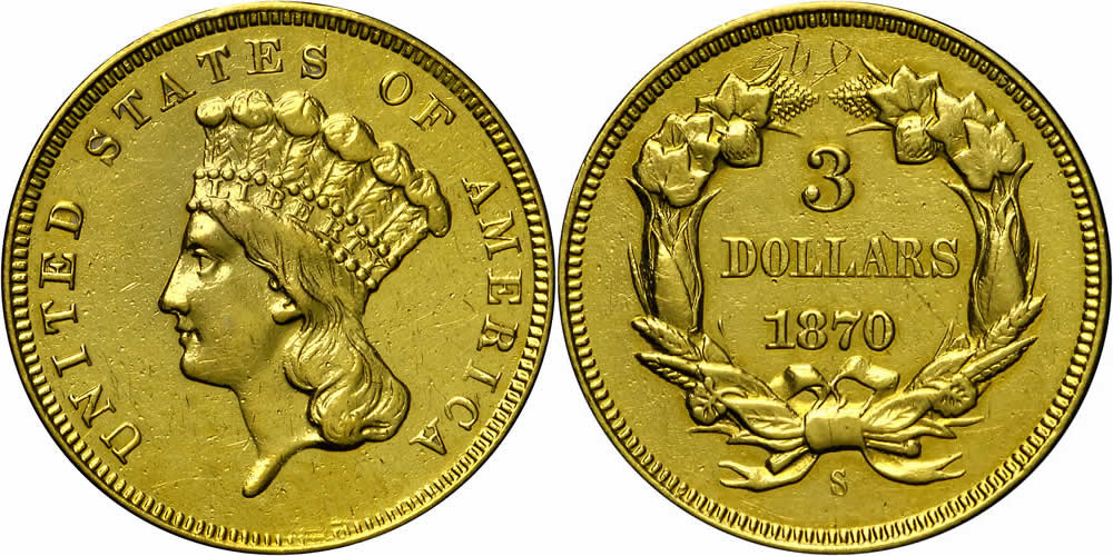 1870 S Three Dollar Gold Piece 