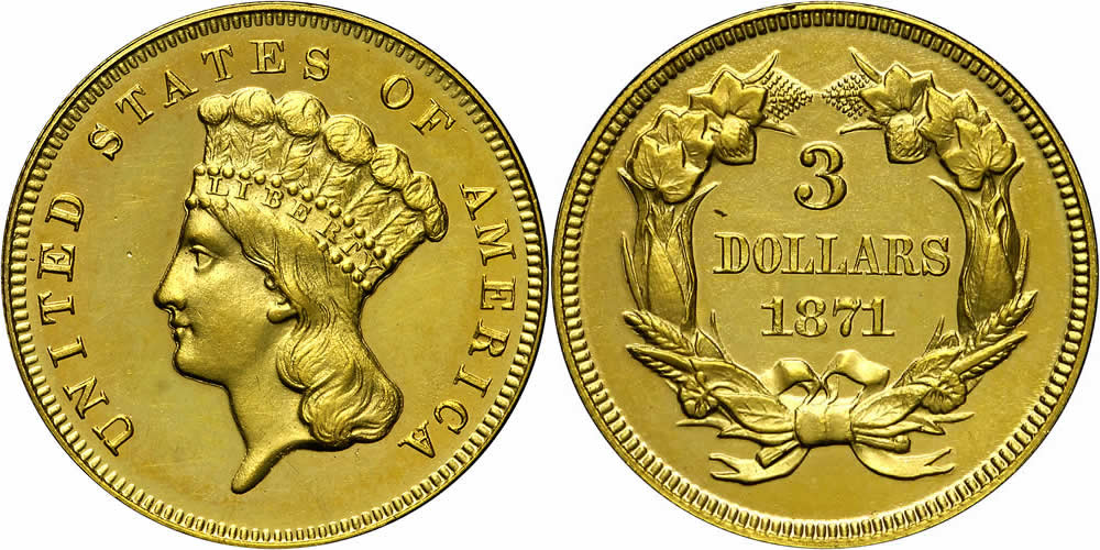 1871 Three Dollar Gold Piece 