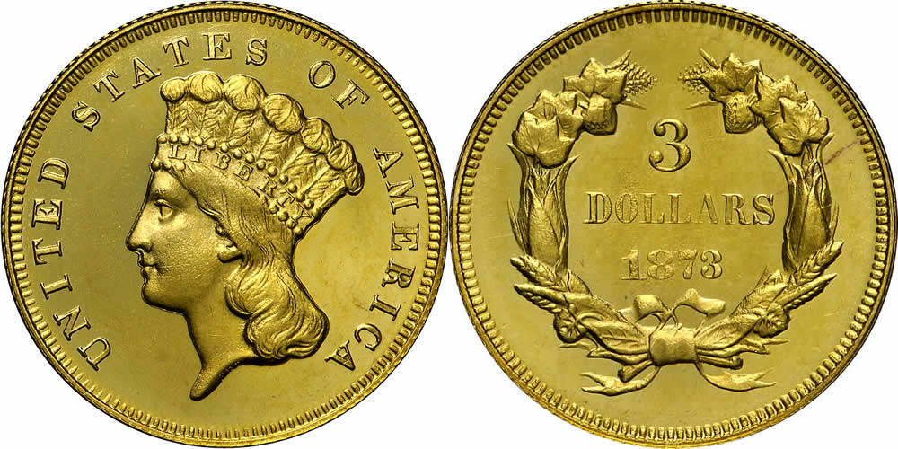 1873 Three Dollar Gold Piece Closed 3 Variety