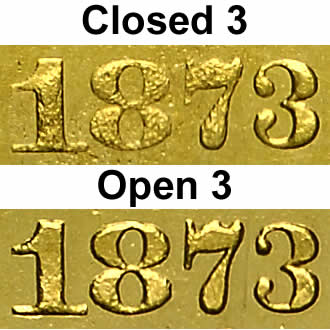 1873   Three Dollar Gold Piece Closed and Open 3 Varieties Compared